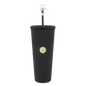 Black matte double-wall acrylic thermal tumbler with textured grip, lid, and bunny-topped straw.