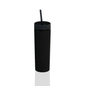 Tall black reusable thermal acrylic tumbler with a black lid and straw.
