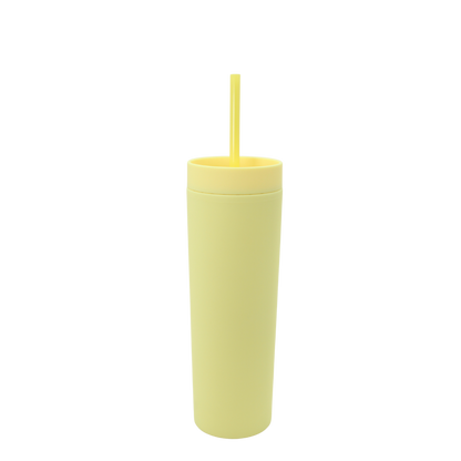 Tall light yellow acrylic tumbler with matching lid and straw, BPA free and reusable.