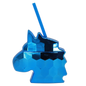 Metallic blue unicorn-shaped cup with matching blue lid and straw.