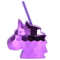 Metallic purple unicorn-shaped 12oz cup with matching purple straw and colorful lid.