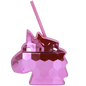 Pink metallic unicorn-shaped cup with hexagonal pattern, matching pink lid and straw.