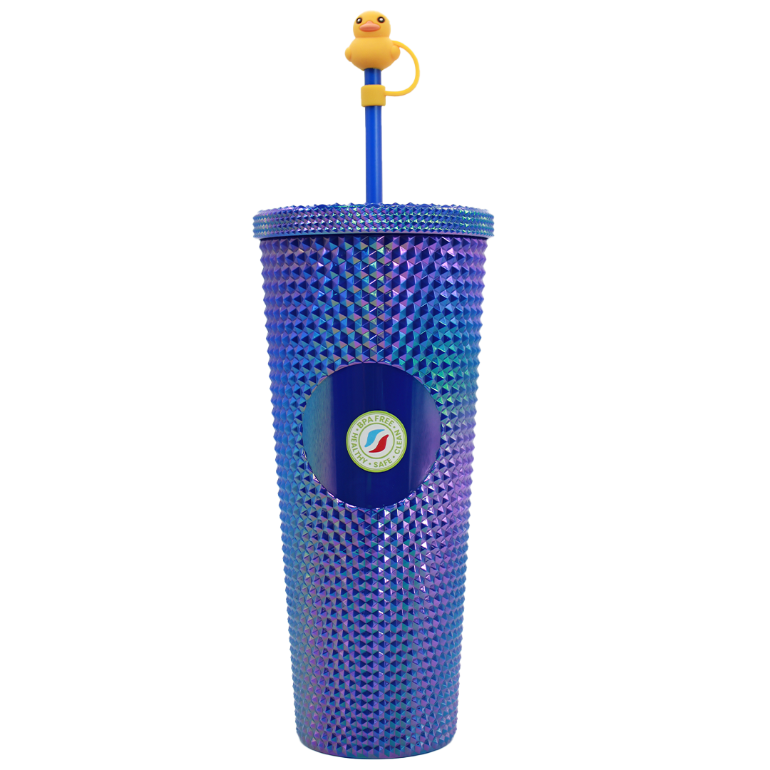 Blue double-wall acrylic tumbler with textured diamond pattern, matching straw topped with yellow duck charm, colorful logo.