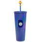 Blue double-wall acrylic tumbler with textured diamond pattern, matching straw topped with yellow duck charm, colorful logo.
