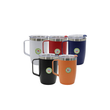 Vaso Taza Térmico de Acero Inoxidable con Asa y Tapa 5hrs Calor/12hrs Frío, Personalizable, Reutilizable