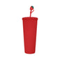 Matte red 27oz double-wall acrylic tumbler with textured grip, matching lid, and strawberry-topped straw.