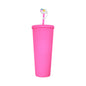 Matte bright pink double-walled acrylic tumbler with textured grip, matching lid, and unicorn straw topper.