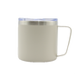 Matte beige stainless steel thermal mug with clear plastic lid and metal handle.