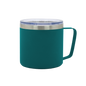 Teal stainless steel thermal mug with double-wall insulation and clear lid.