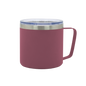Matte wine-colored stainless steel thermal mug with clear lid and rectangular handle.