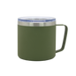 Olive green stainless steel insulated mug with clear lid and angular handle, 20oz capacity.